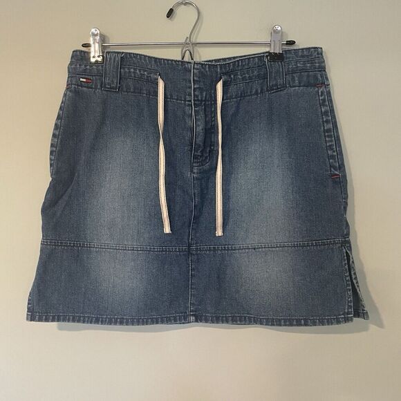 Vintage Tommy Jeans Denim Jean Mini Skirt Women's Juniors 7 Drawstring Side Slit - Picture 1 of 8